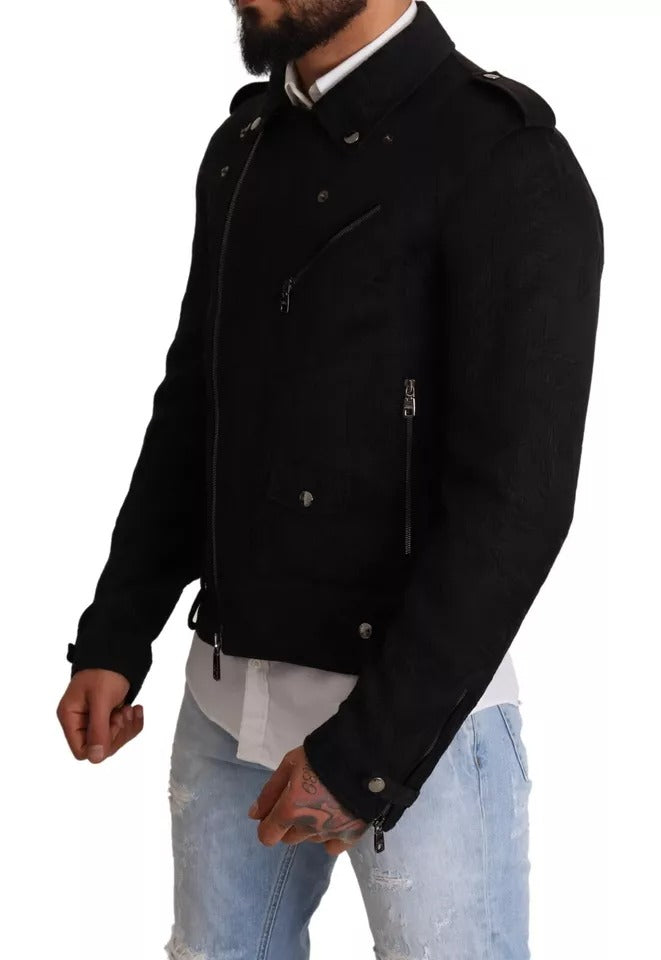 Black Brocade Full Zip Biker Coat Jacket