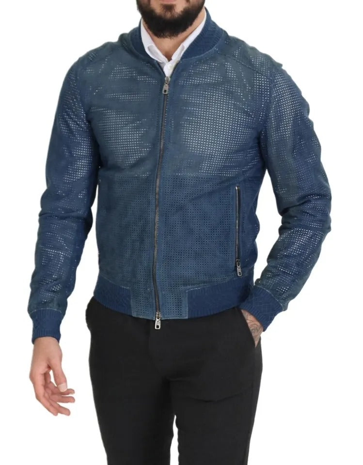 Blue Leather Perforated Full Zip Jacket