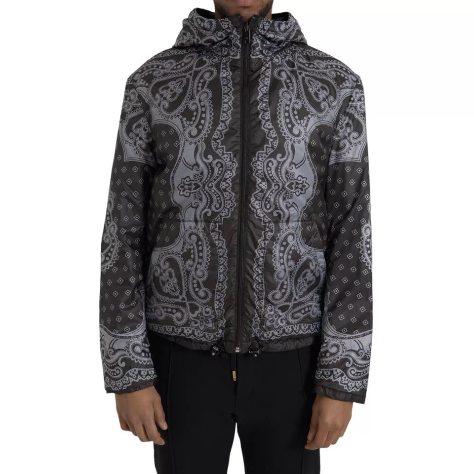 Gray Bandana Hooded Full Zip Bomber Jacket