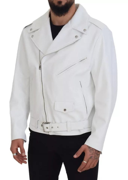 White Leather Biker Coat Zipper Jacket