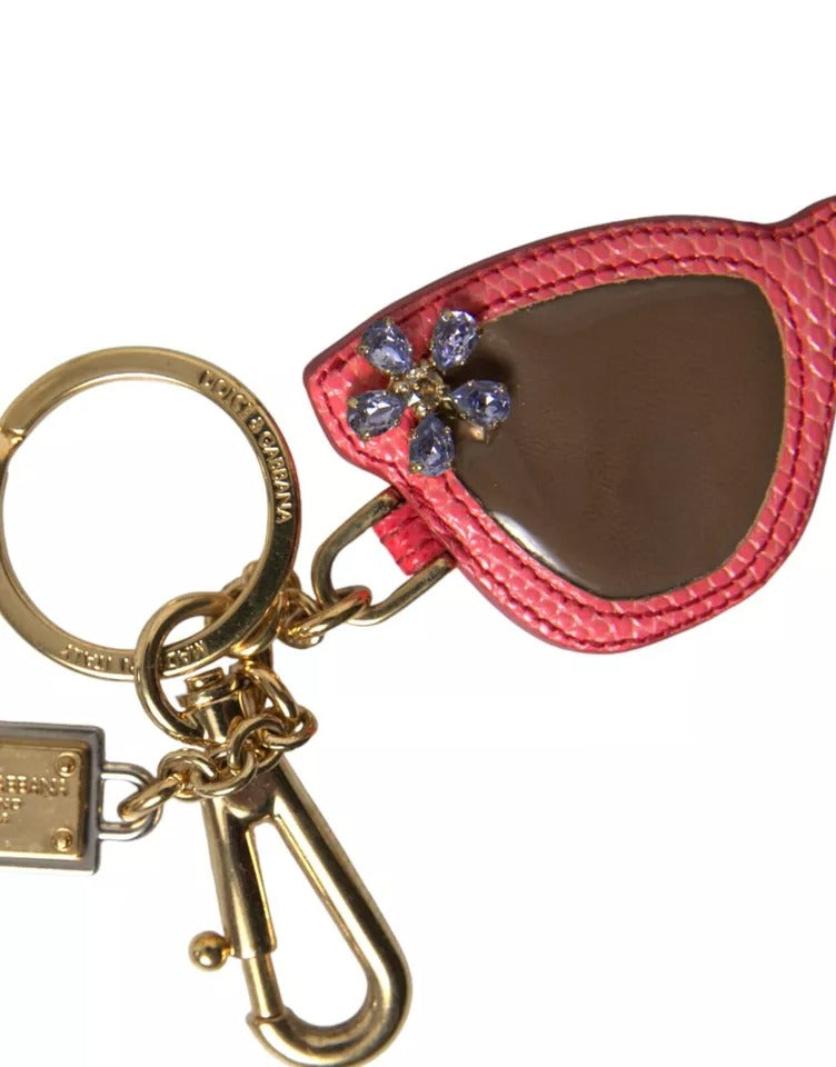 Red Leather Crystal Sunglasses Gold Metal Keyring Keychain