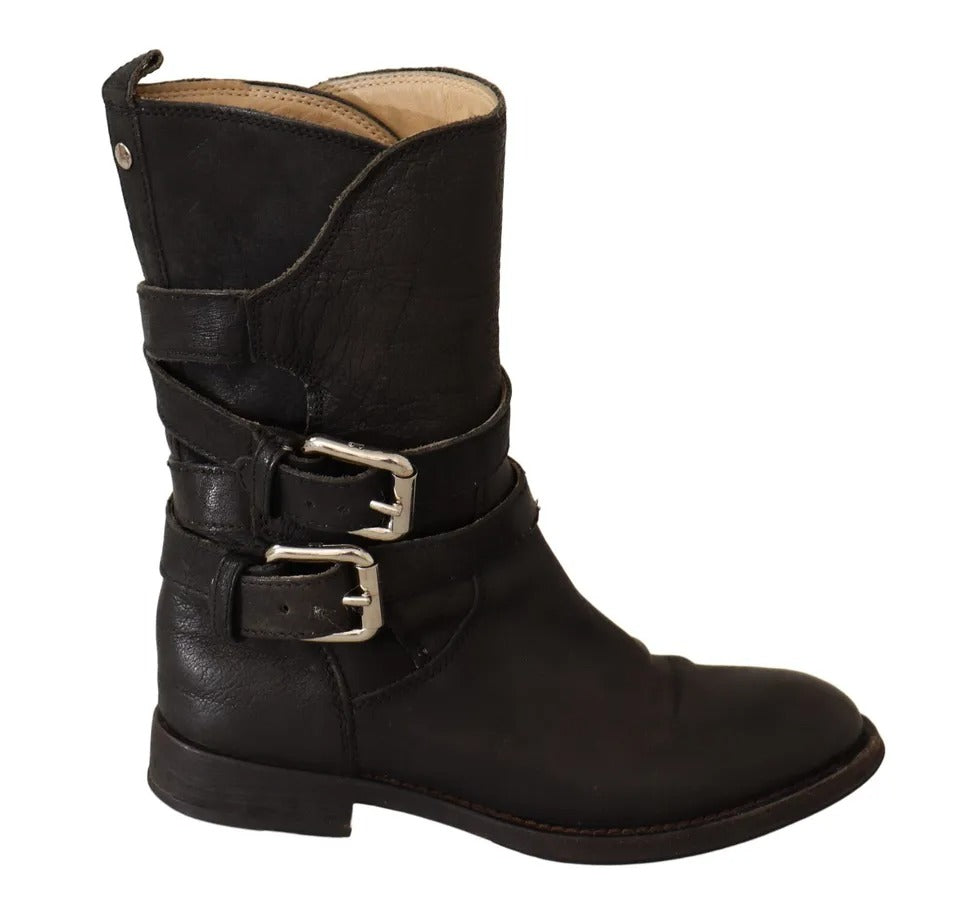 Black Leather Buckle Mid Calf Boots Shoes