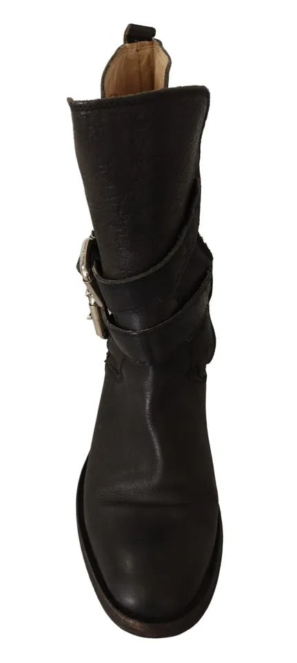 Black Leather Buckle Mid Calf Boots Shoes