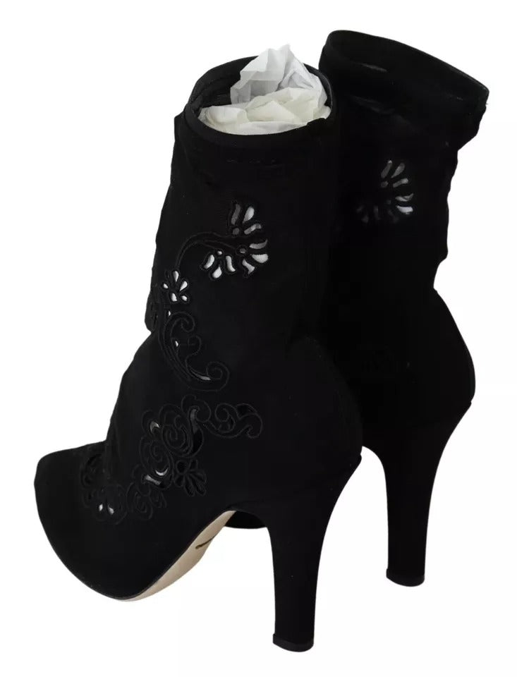 Black Stretch Pumps Boots Floral Lace Shoes