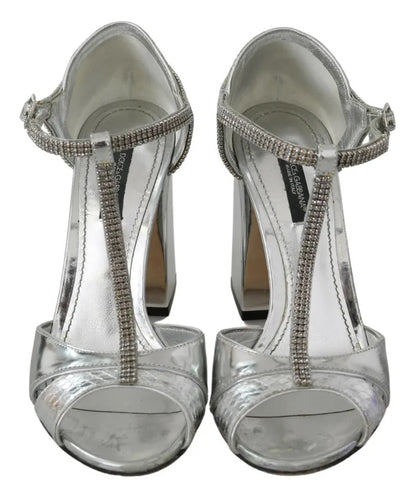 Silver Crystals T-strap Sandals Leather Shoes