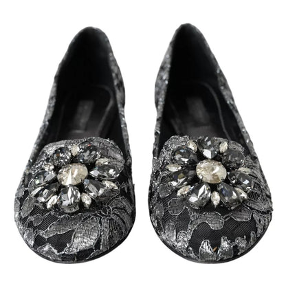 Gray Black Lace Crystal Ballet Loafers Shoes