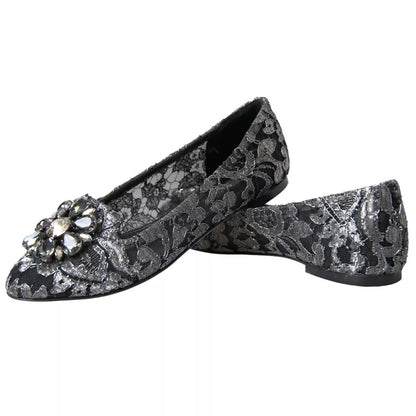 Gray Black Lace Crystal Ballet Loafers Shoes