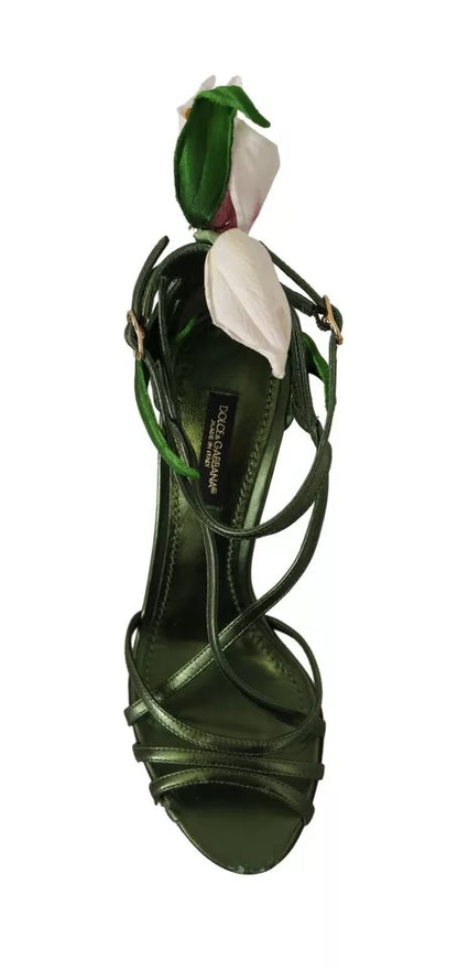 Acid Green Leather Strappy Flower Heels Sandals Shoes