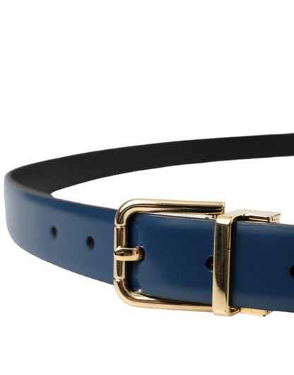 Blue Calf Leather Gold Metal Buckle Belt Men