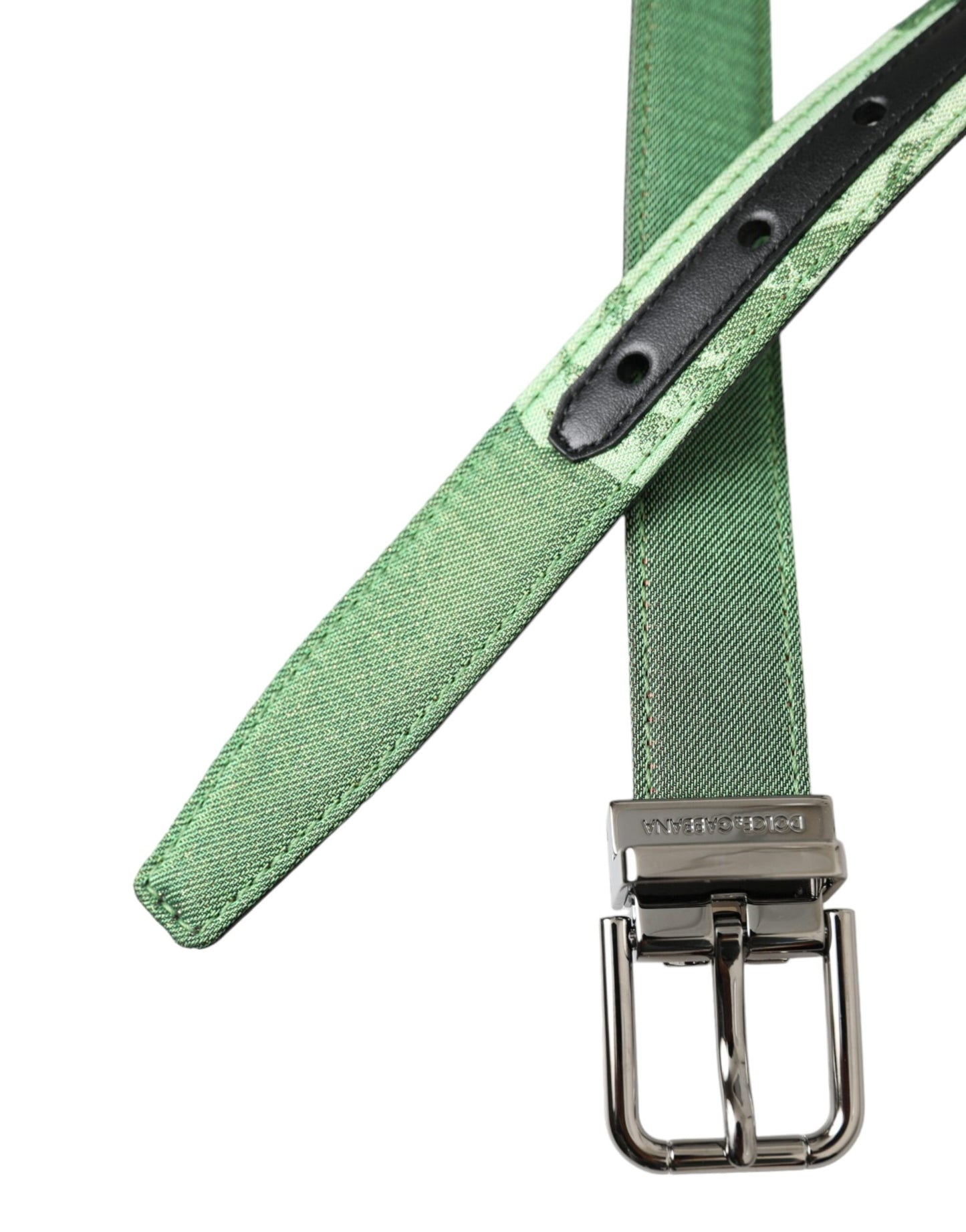 Green Leather Jacquard Silver Metal Buckle Belt