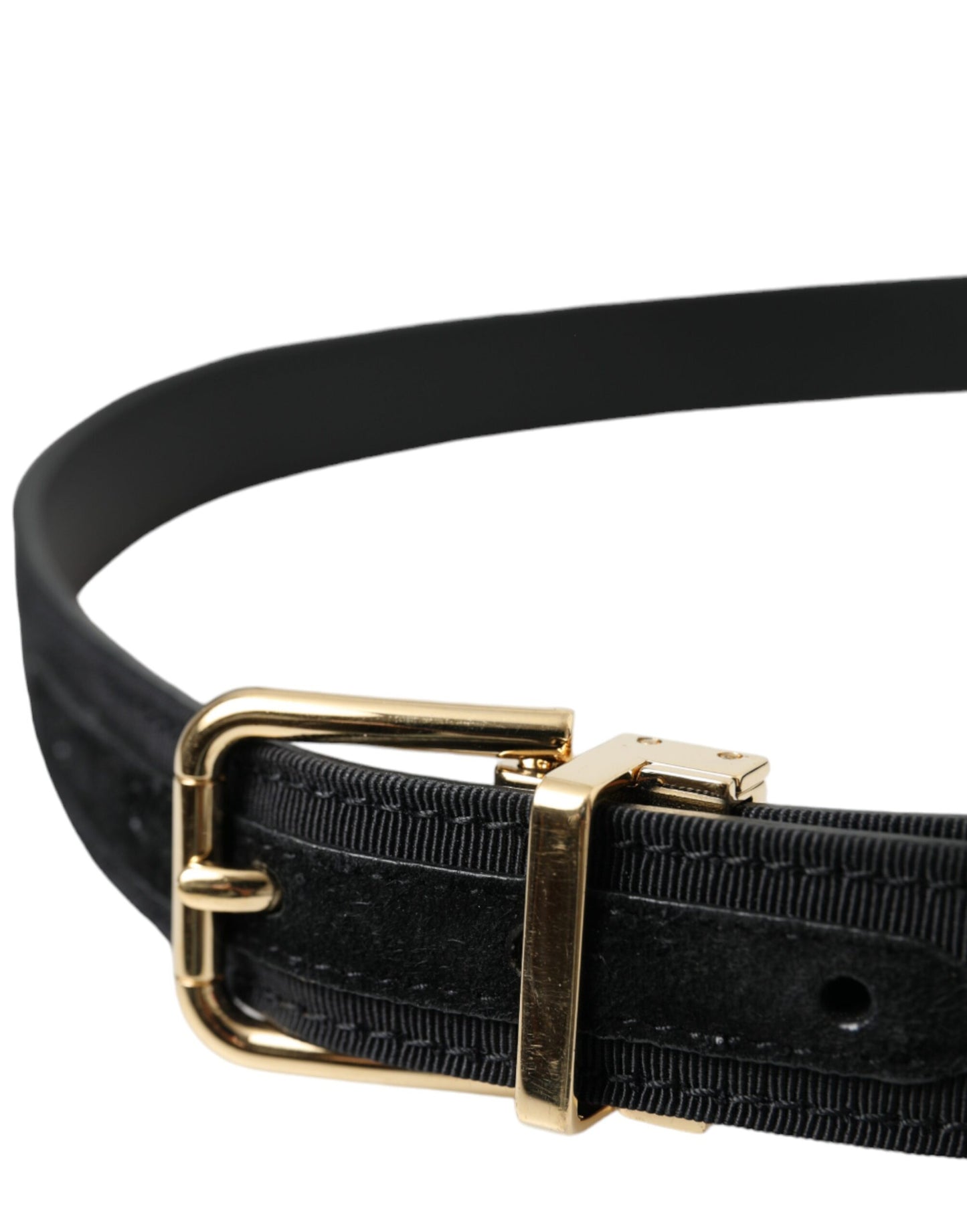 Cinturón con hebilla de metal dorado y grosgrain negro para hombre