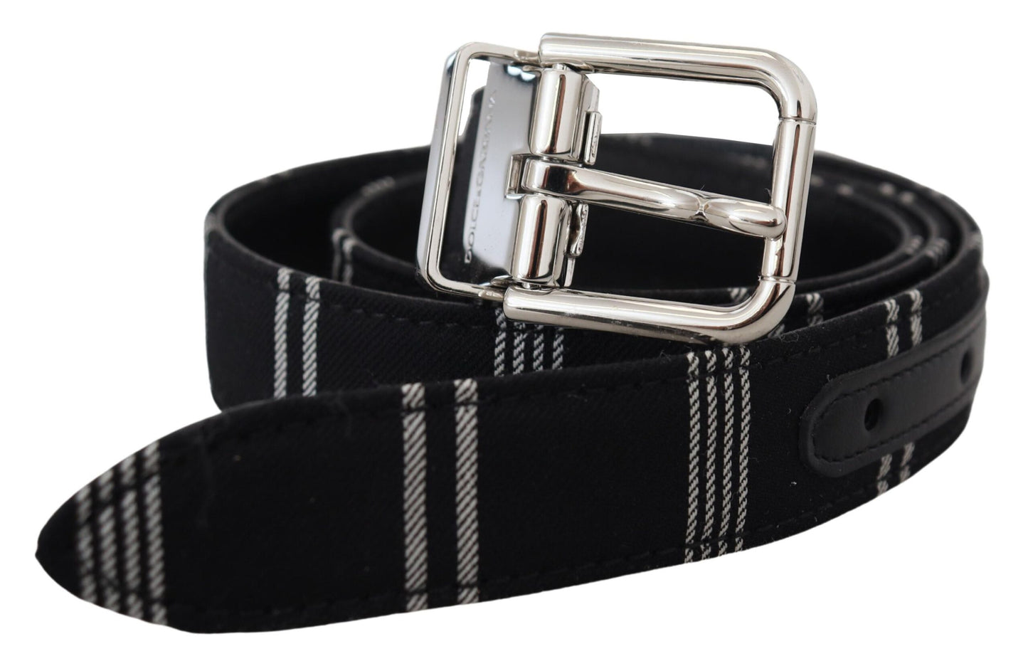 Black White Cotton Metal Silver Buckle Belt