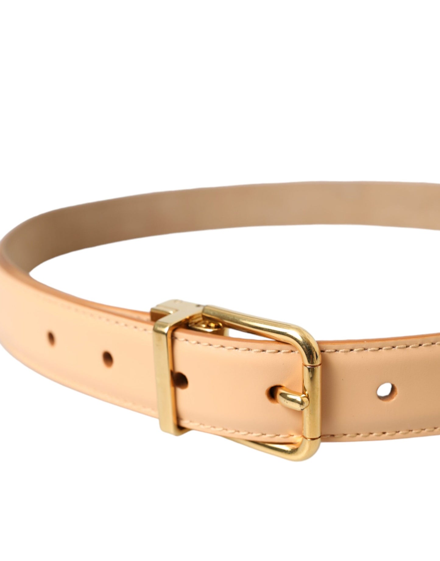 Beige Calfskin Leather Gold Metal Buckle Belt