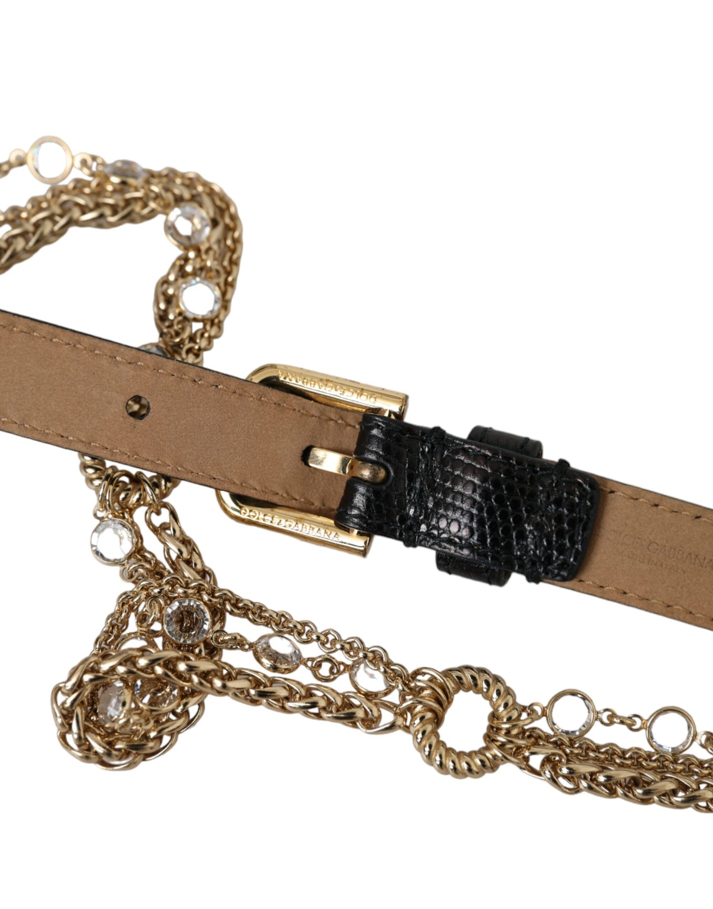 Black Leather Gold Chain Crystal Waist Women Belt