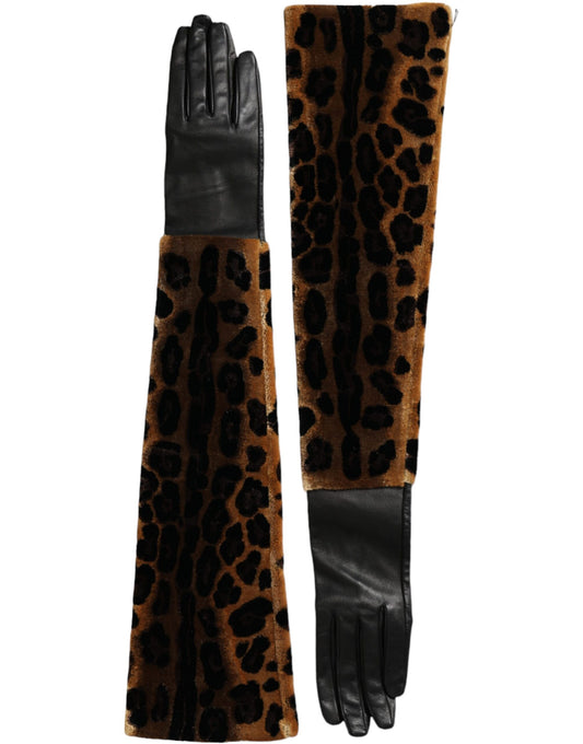 Guantes de piel de leopardo marrón y negro hasta el codo