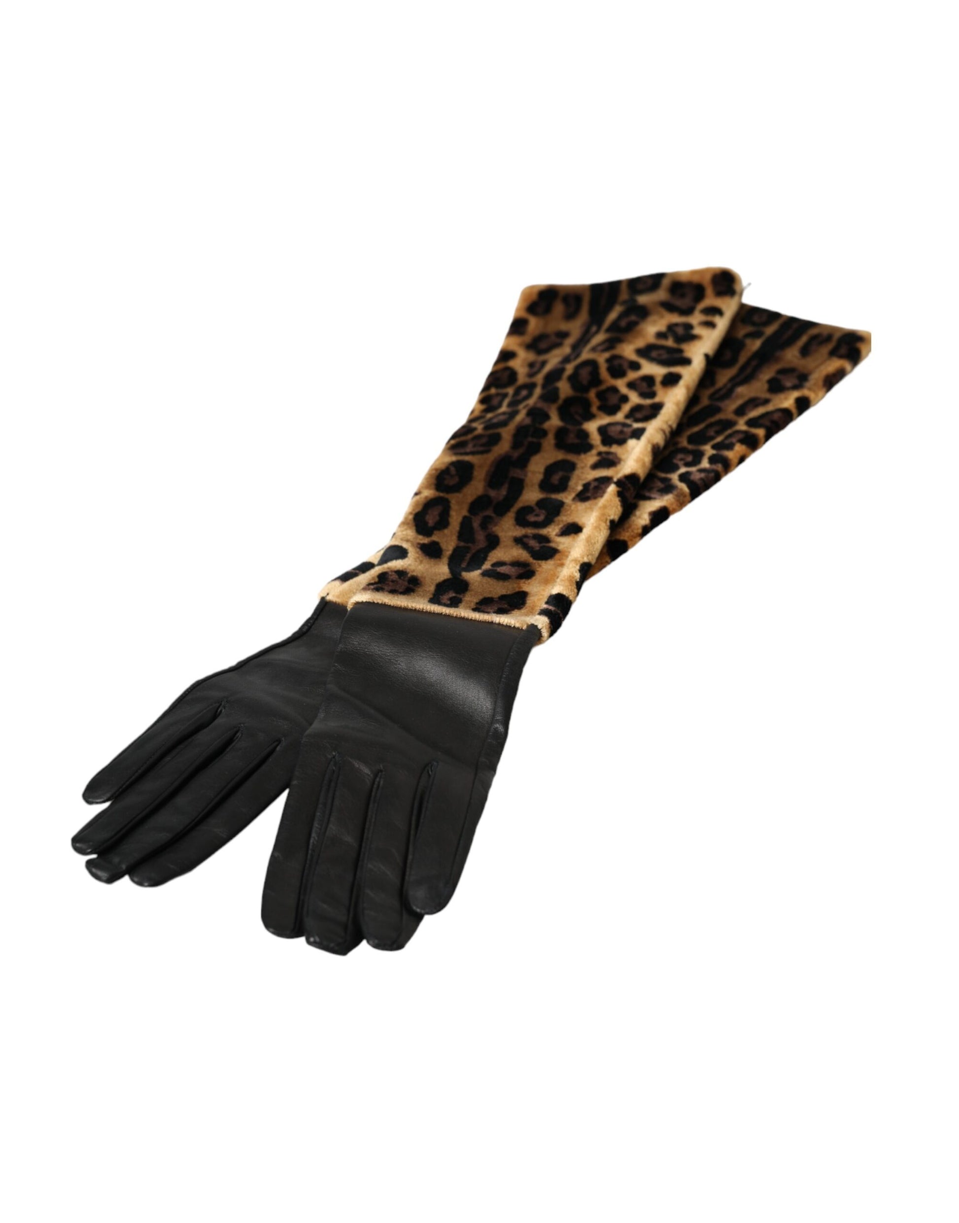 Guantes de piel de leopardo marrón y negro hasta el codo