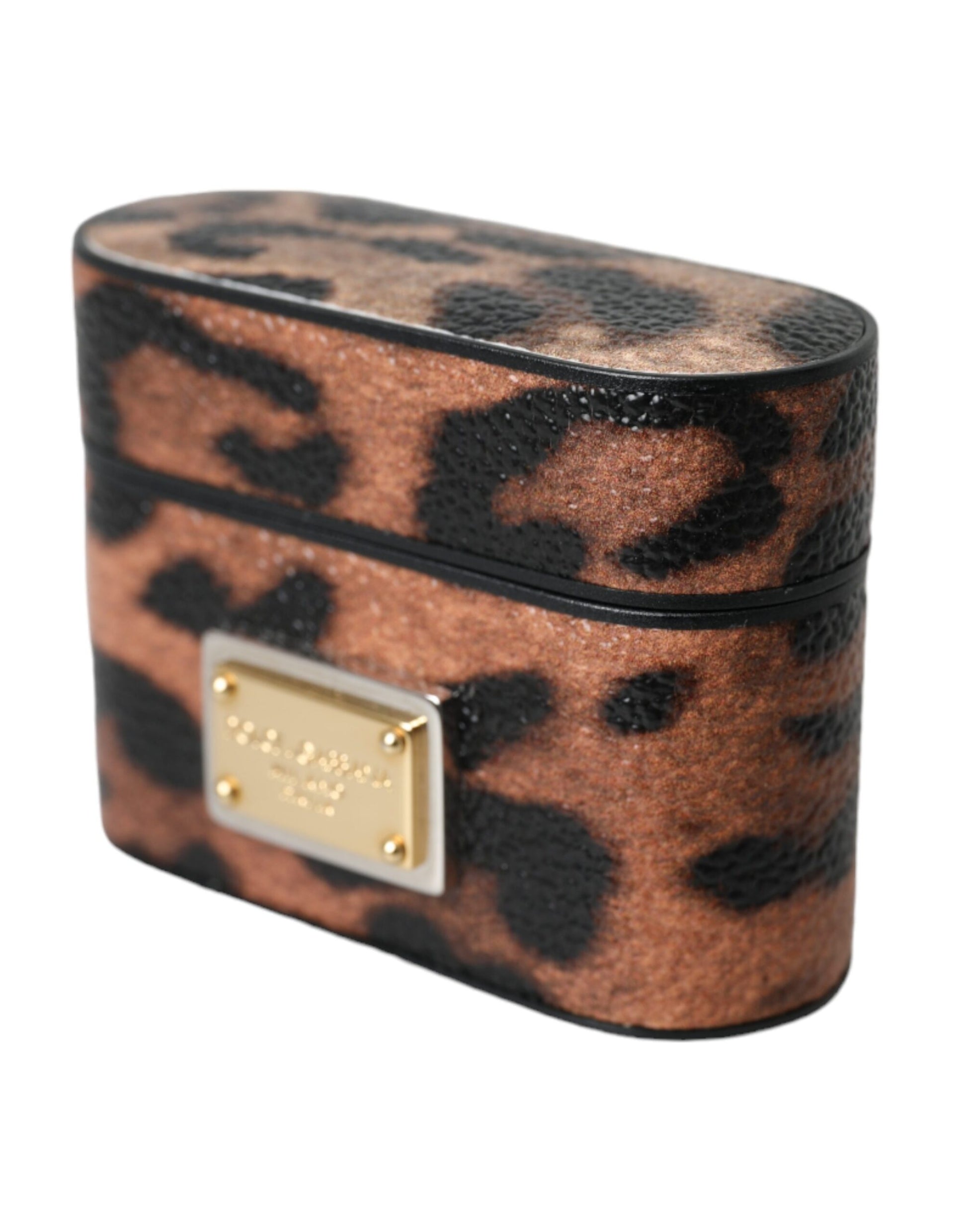 Brown Leopard Calf Leather Logo Plaque Airpods Case