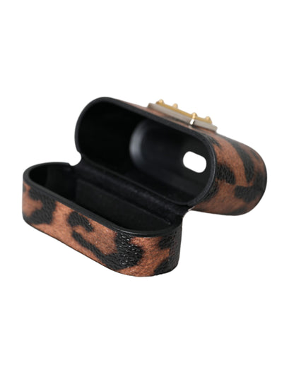 Brown Leopard Calf Leather Logo Plaque Airpods Case