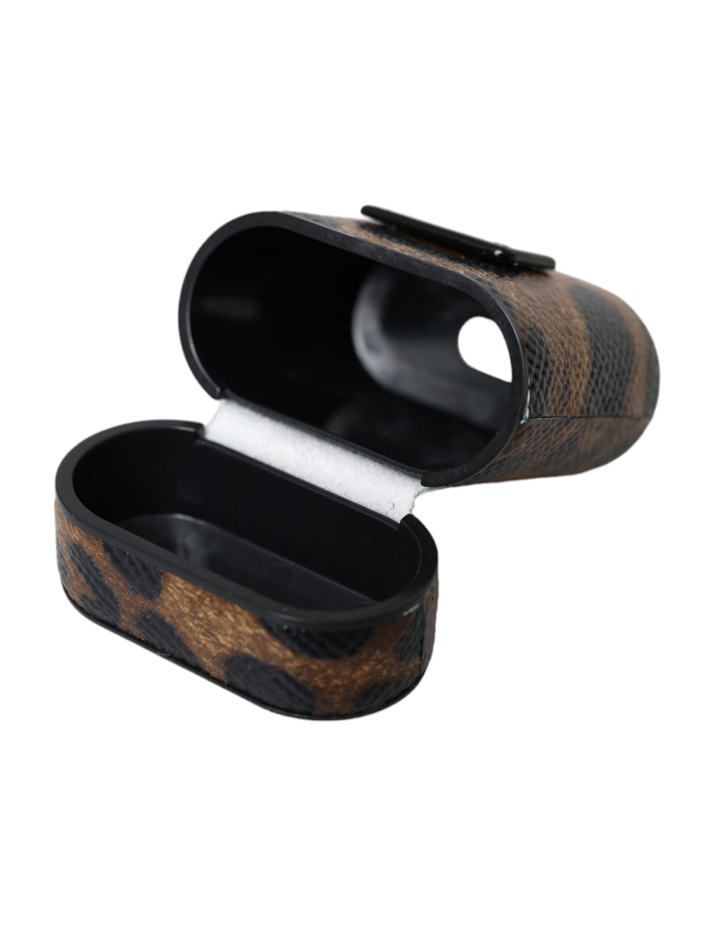 Brown Leopard Calf Leather Metal Logo Plaque Airpods Case