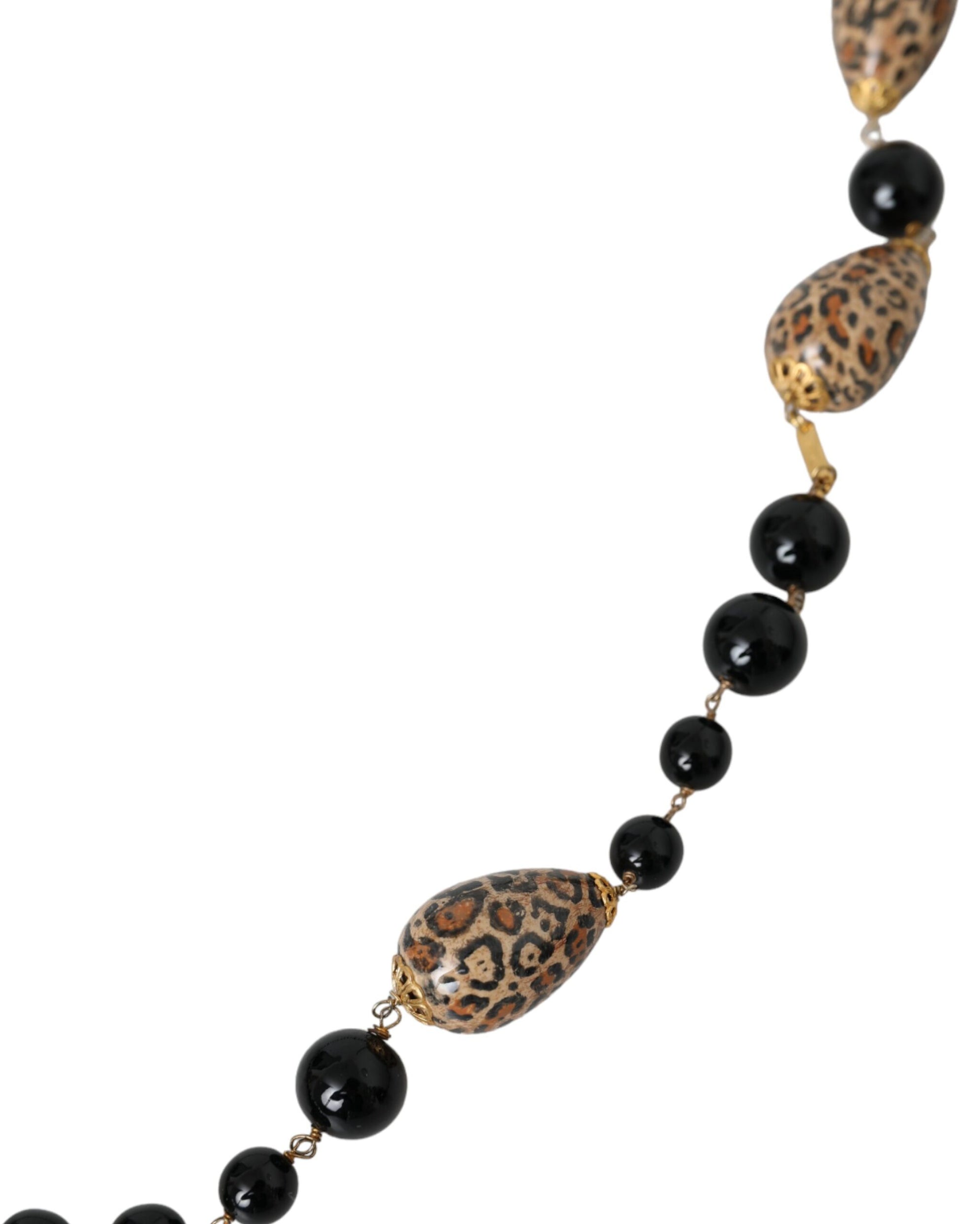 Gold Tone Brass Black Printed Beaded Long Chain Necklace