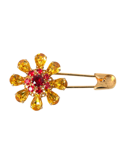 Broche de joyería de cristal con diseño floral de latón dorado