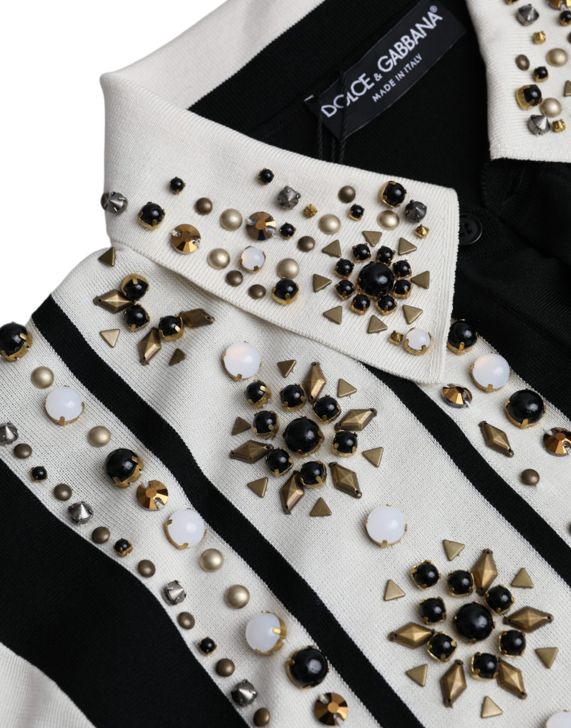 White Black Silk Studded Stone Crystal Shirt