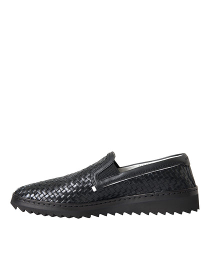 Black Woven Buffalo Leather Men Loafers Shoes