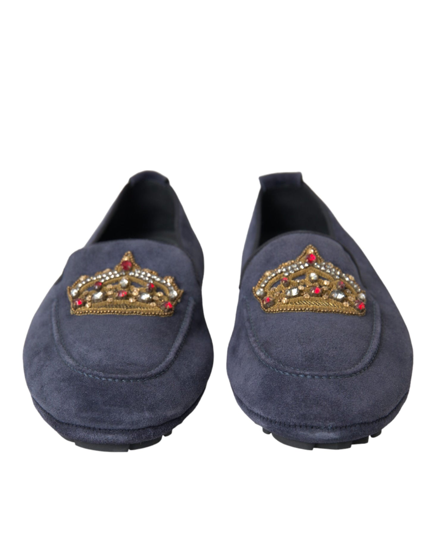 Mocasines de ante y cuero azul con corona de cristal