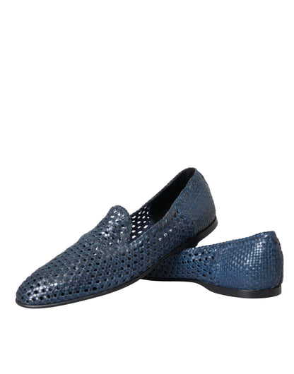 Blue Woven Leather Slip On Loafers Men Shoes