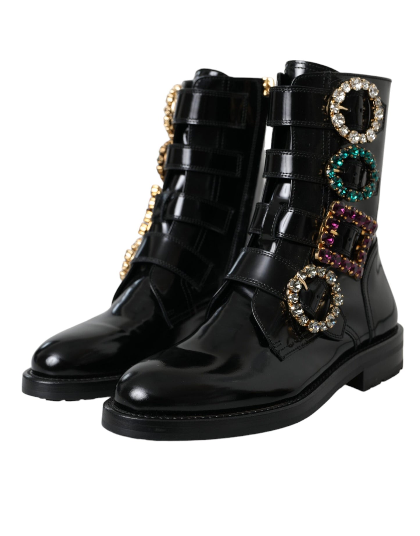 Cuero Negro Hebillas de Cristal Botas Zapatos