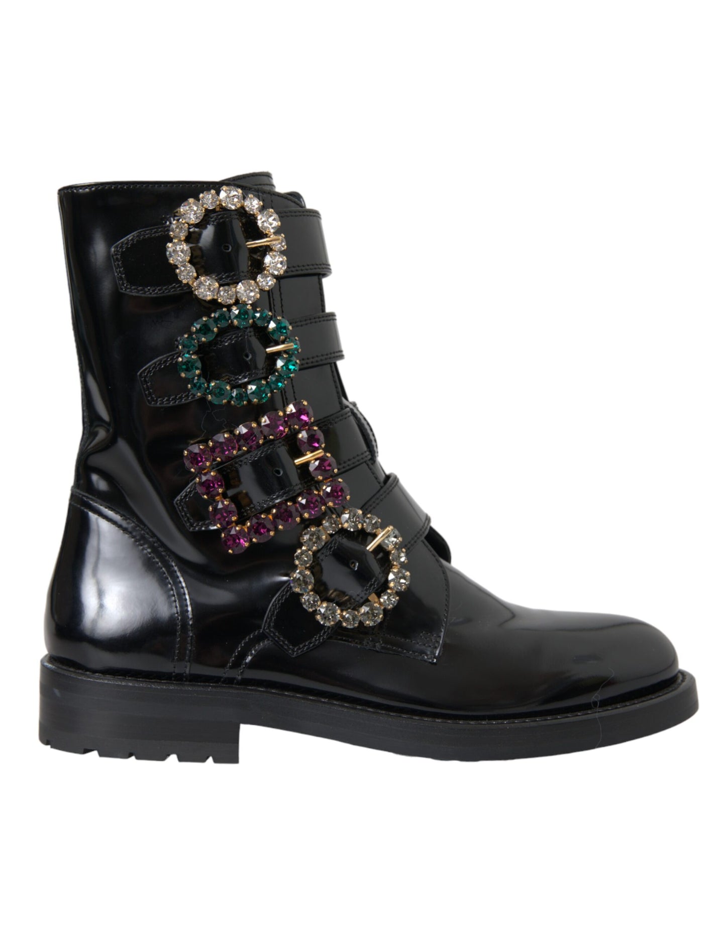 Cuero Negro Hebillas de Cristal Botas Zapatos