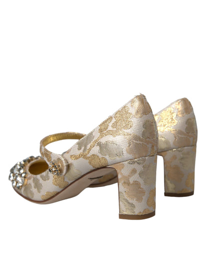 Zapatos Mary Jane con tacón de aguja y cristales en jacquard dorado