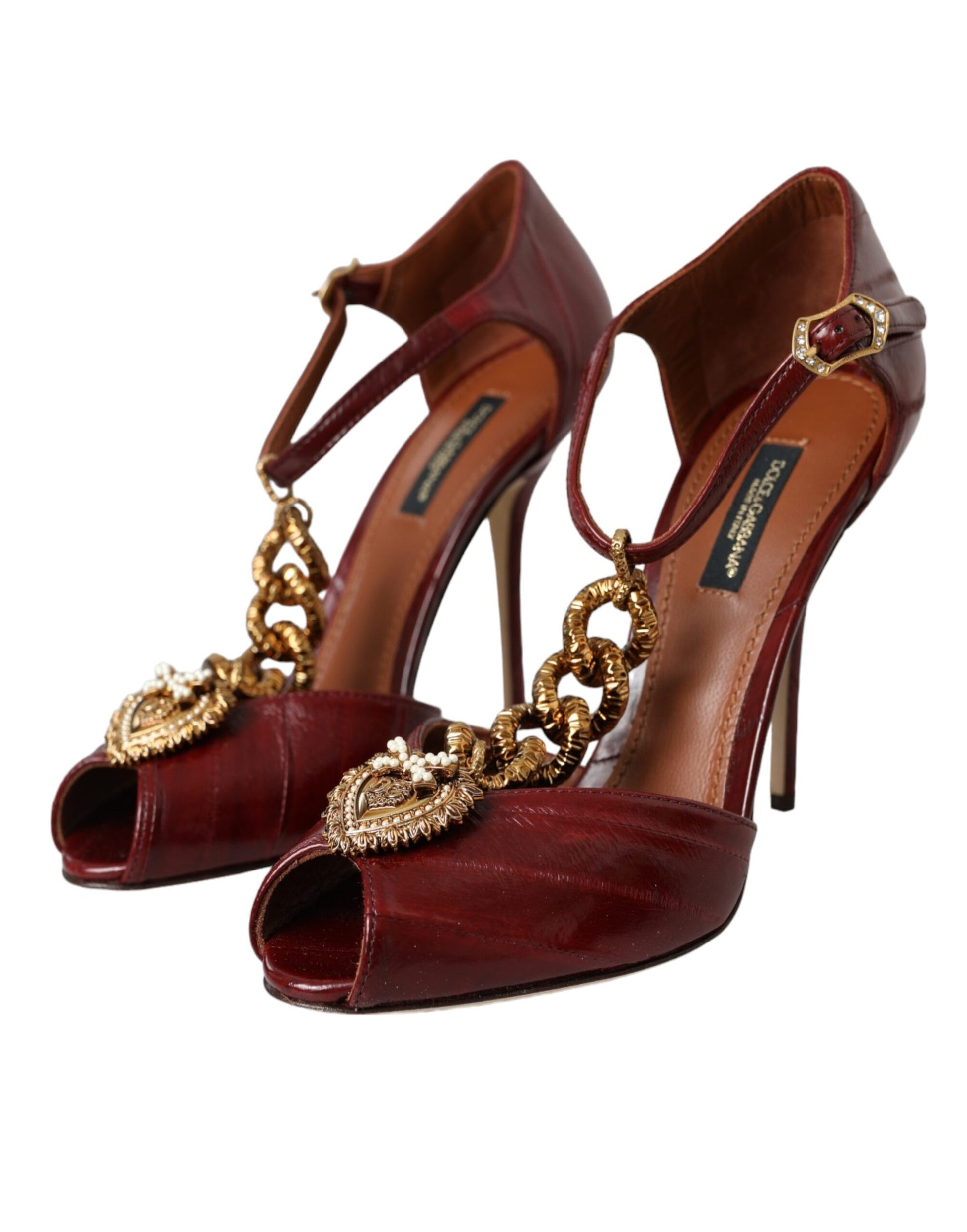 Dark Red Leather Gold Devotion Heart Sandals Shoes