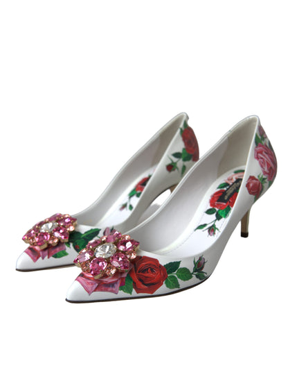 Zapatos de salón Bellucci de piel blanca con cristales y rosas