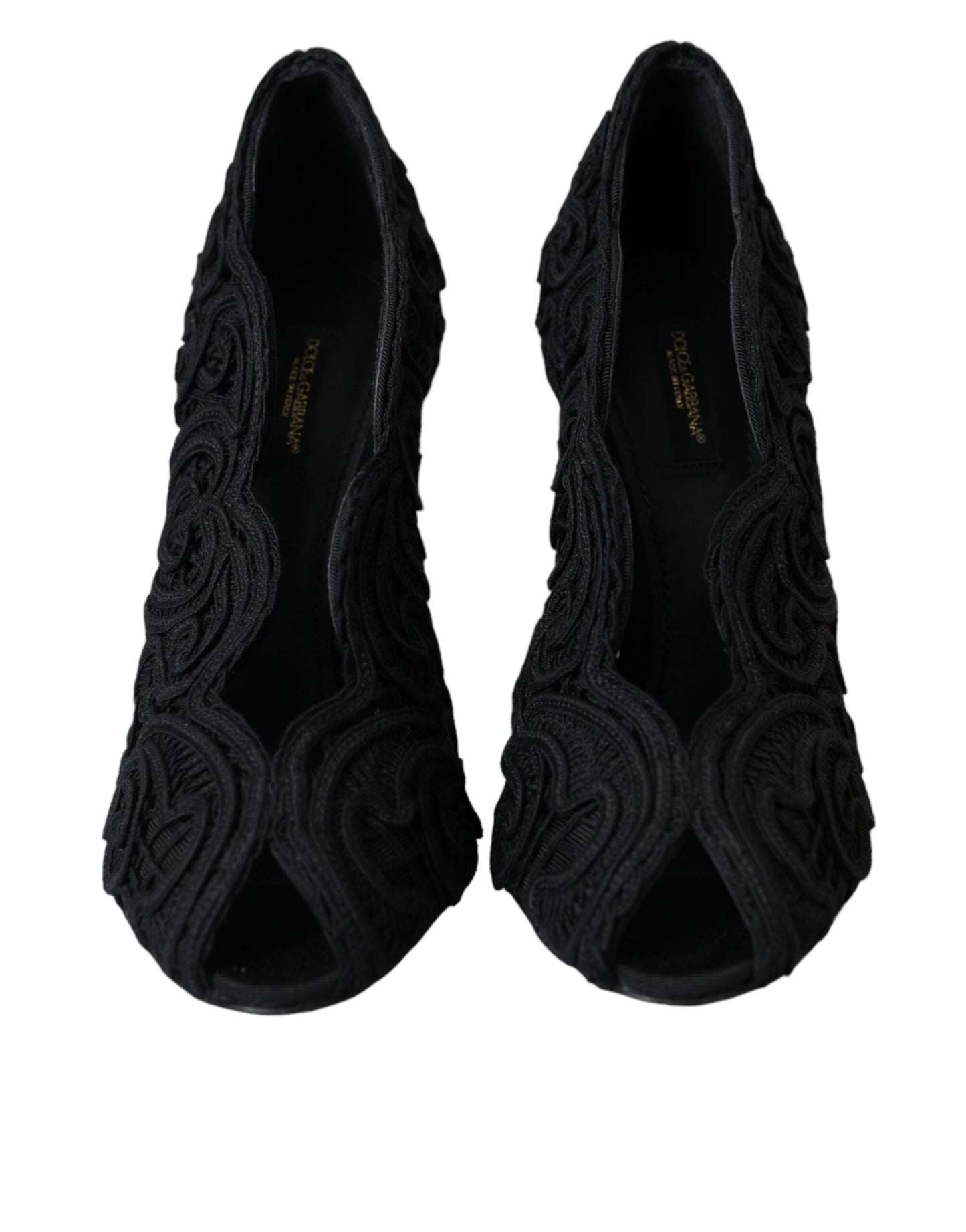 Black Cordonetto Ricamo Pump Open Toe Shoes