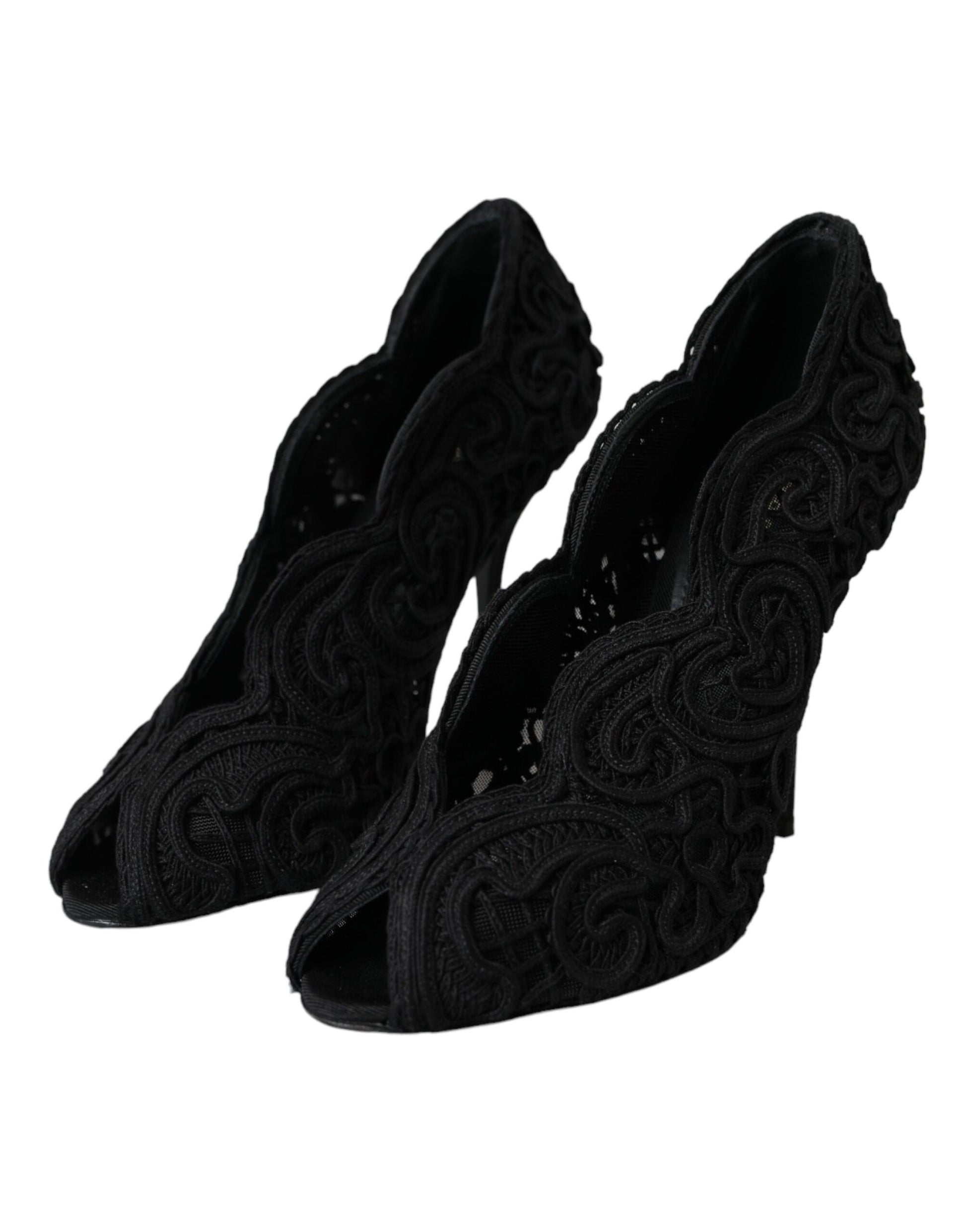 Black Cordonetto Ricamo Pump Open Toe Shoes