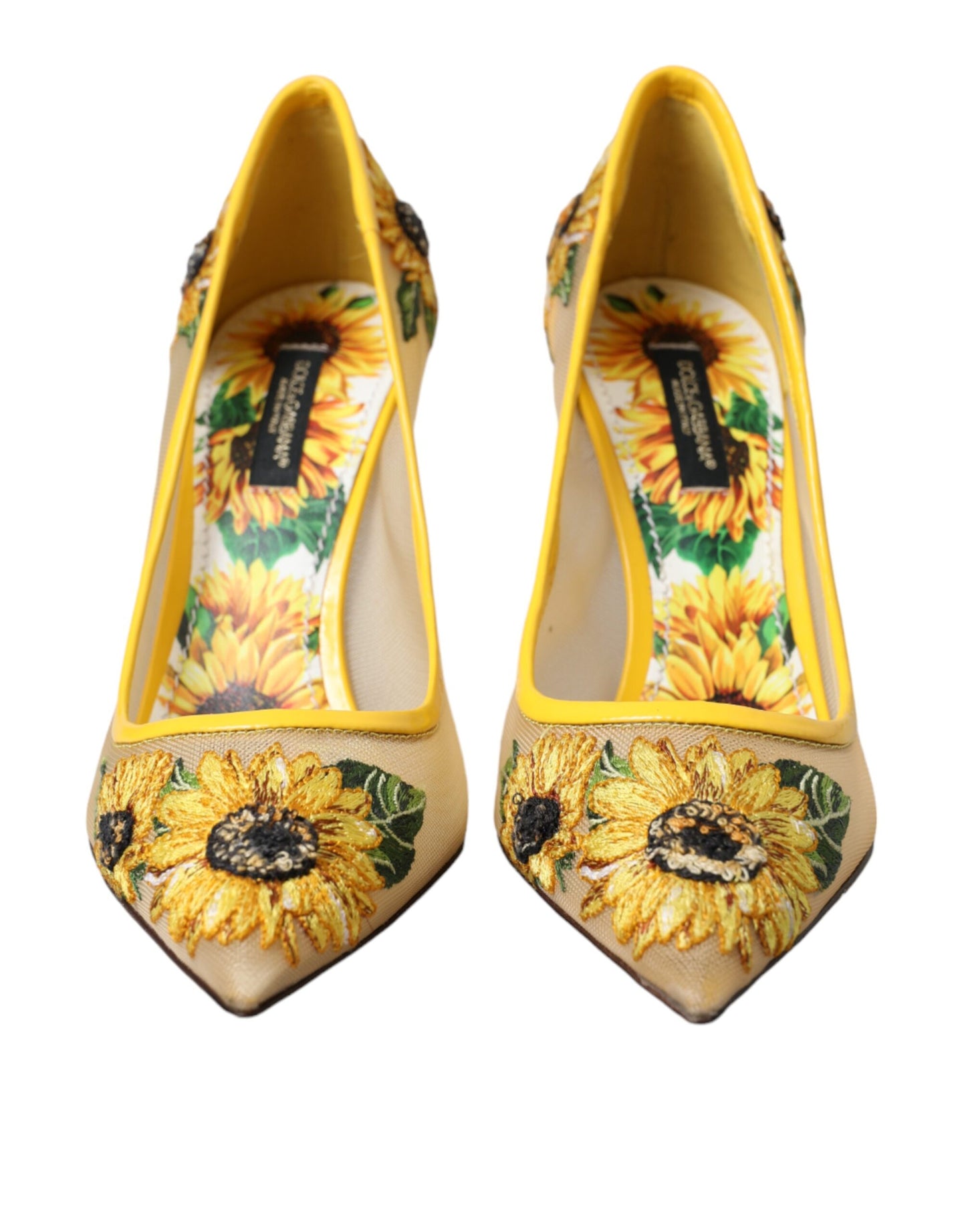 Zapatos de tacón de malla con diseño de girasol amarillo