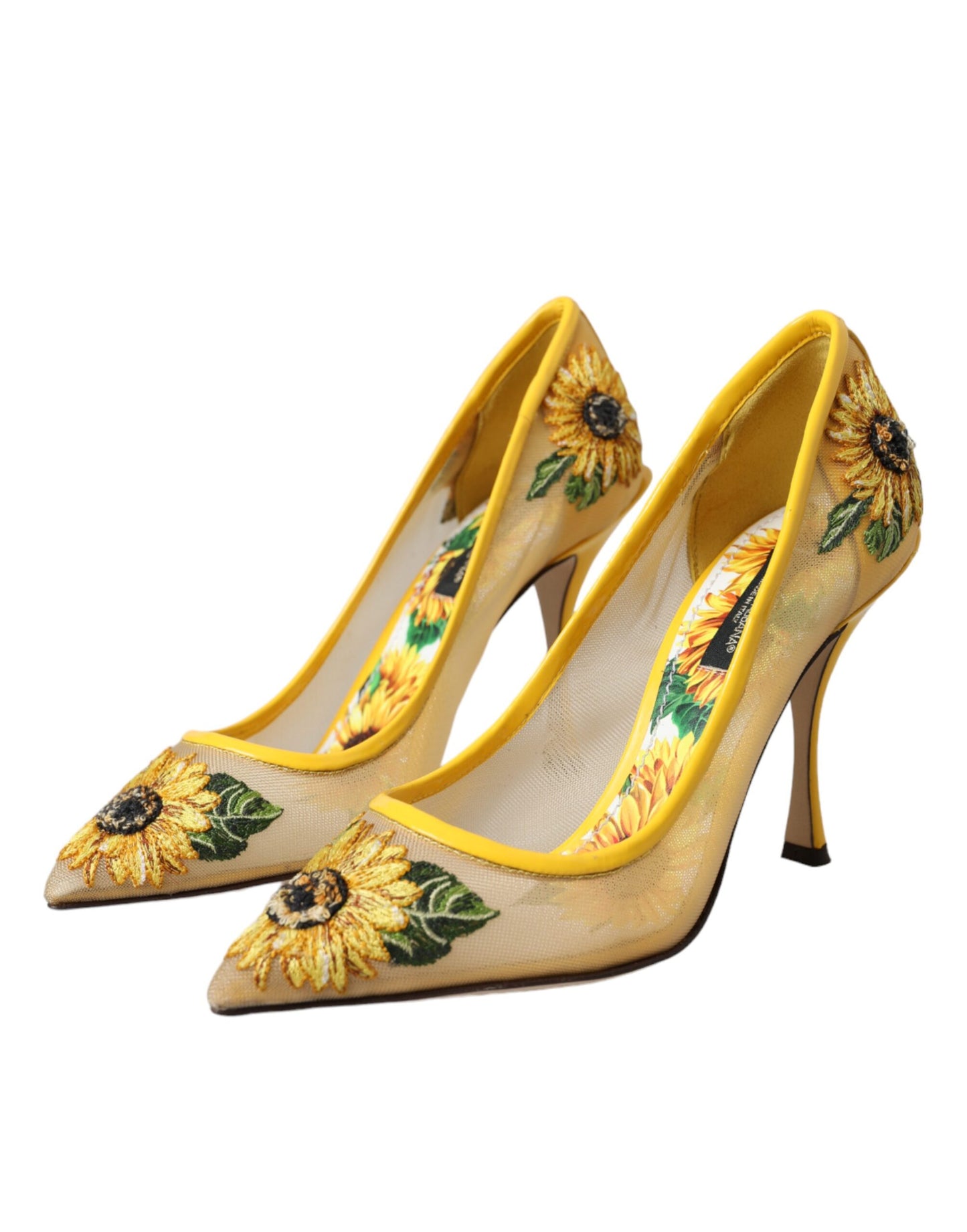 Zapatos de tacón de malla con diseño de girasol amarillo