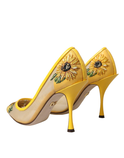 Zapatos de tacón de malla con diseño de girasol amarillo