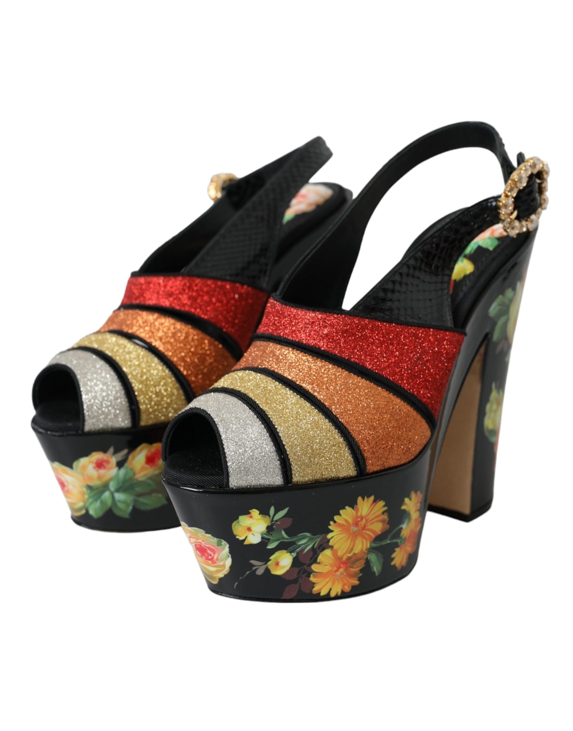 Sandalias de plataforma con cristales y flores multicolores