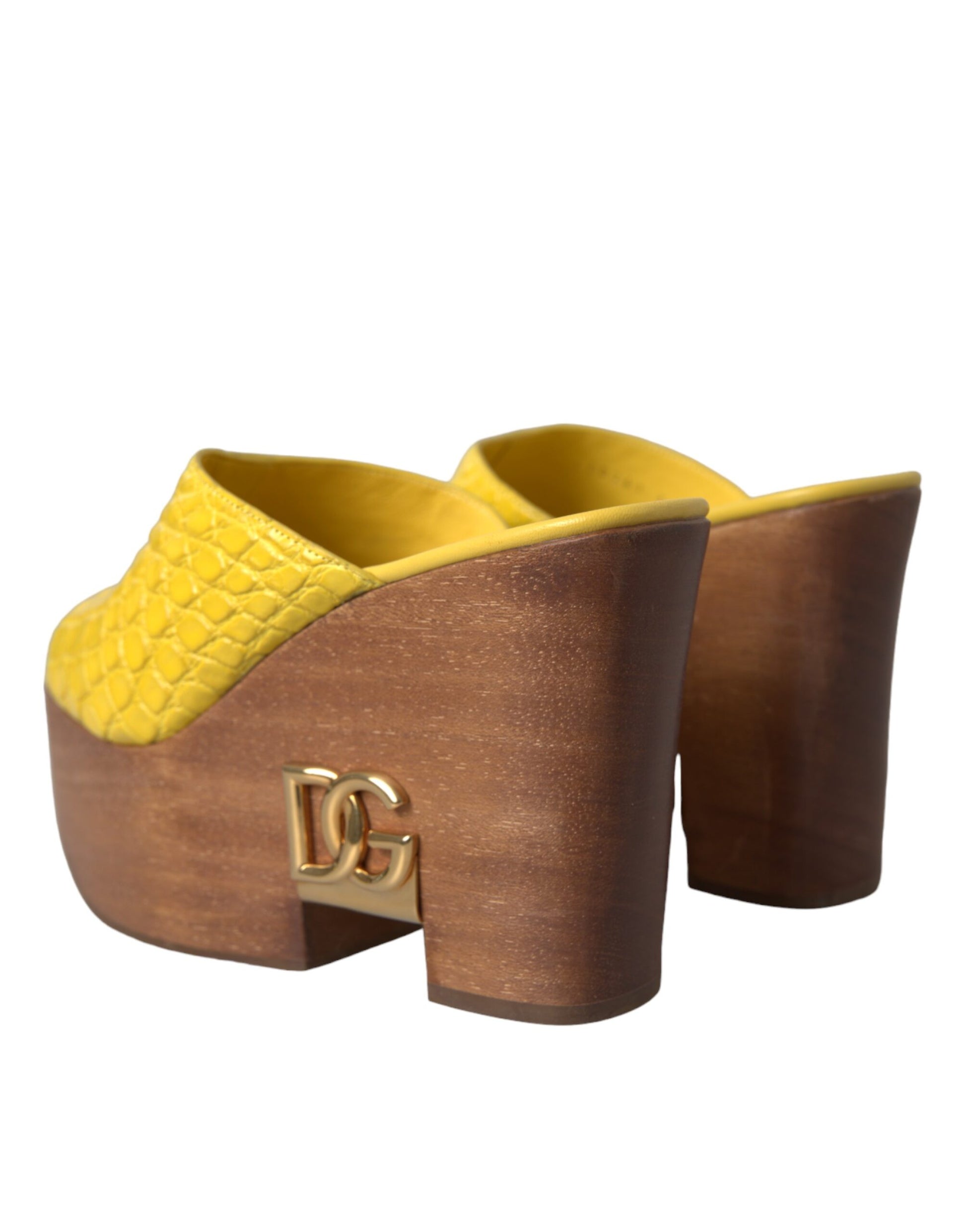 Zapatos tipo mula con cuña y tacón de madera de cuero amarillo