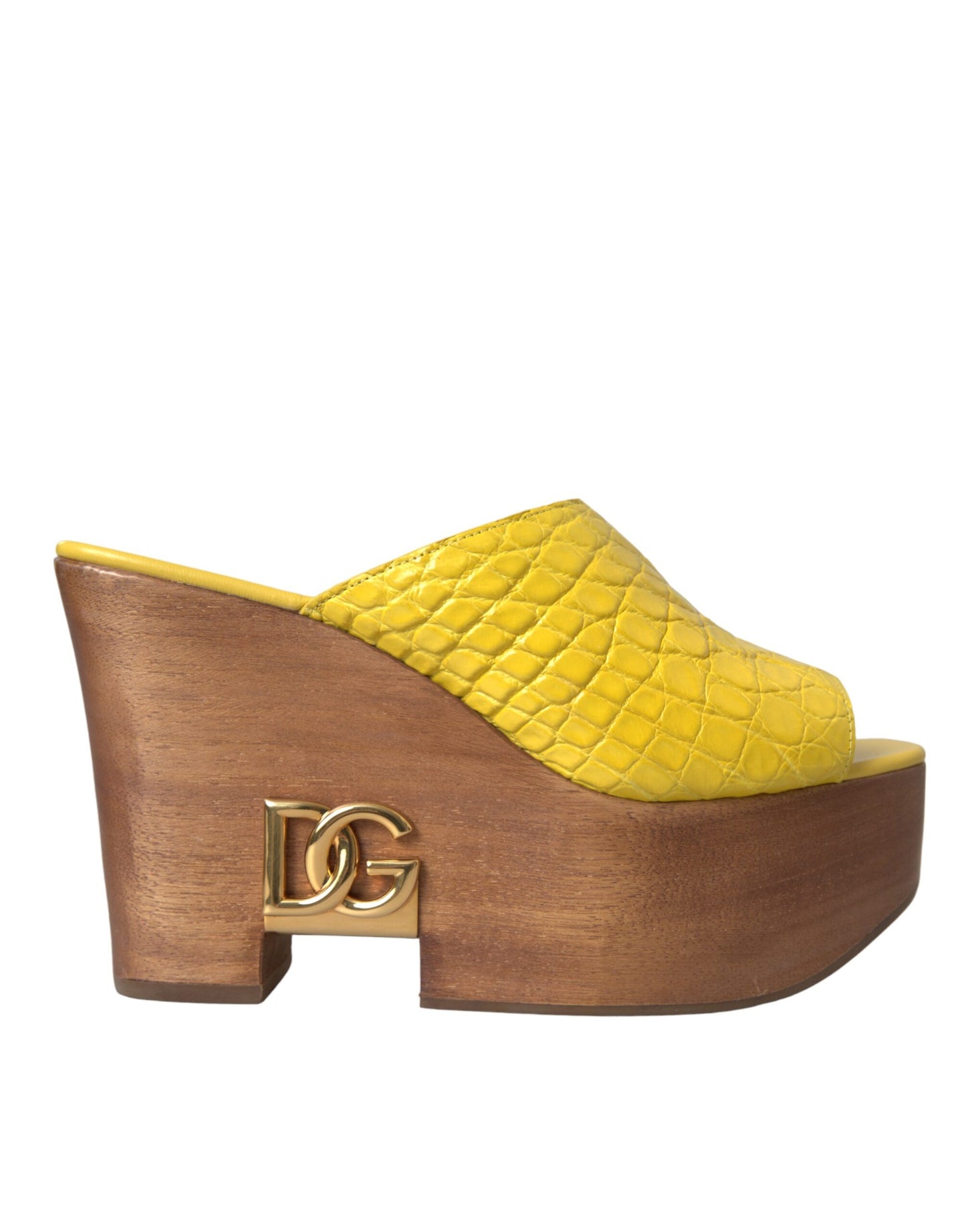 Zapatos tipo mula con cuña y tacón de madera de cuero amarillo