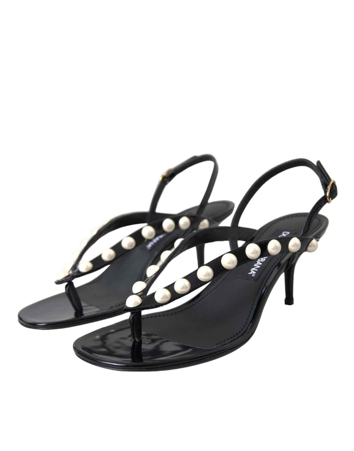 Black Leather Faux Pearl Heel Sandals Shoes