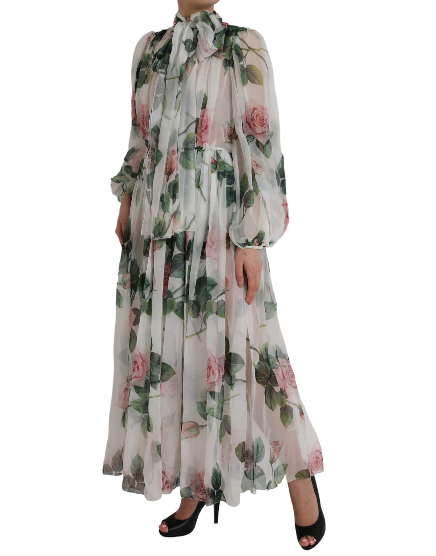 Vestido largo maxi con estampado floral de seda blanca