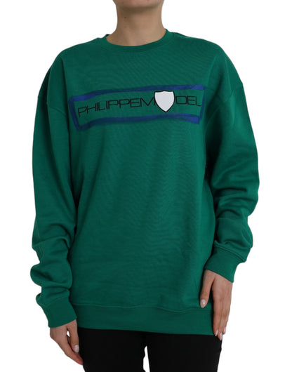 Green Cotton Logo Print Long Sleeves Pullover Sweater