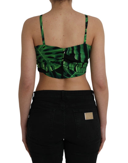 Top corto con cuello halter de seda con hojas verdes y negras