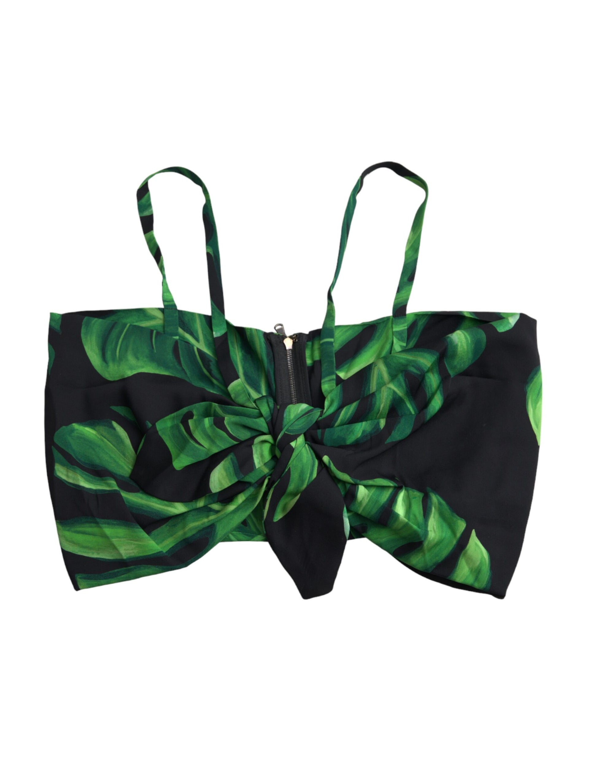 Top corto con cuello halter de seda con hojas verdes y negras