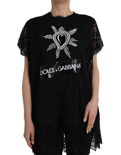 Camiseta de encaje de algodón con estampado de corazón sagrado en color negro