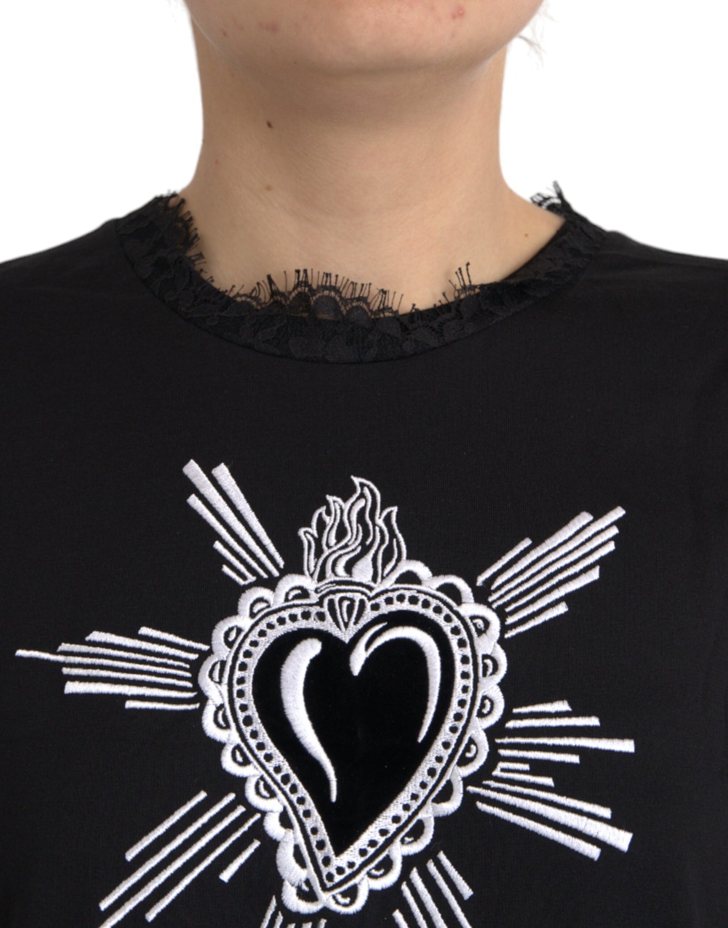 Camiseta de encaje de algodón con estampado de corazón sagrado en color negro