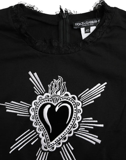 Camiseta de encaje de algodón con estampado de corazón sagrado en color negro